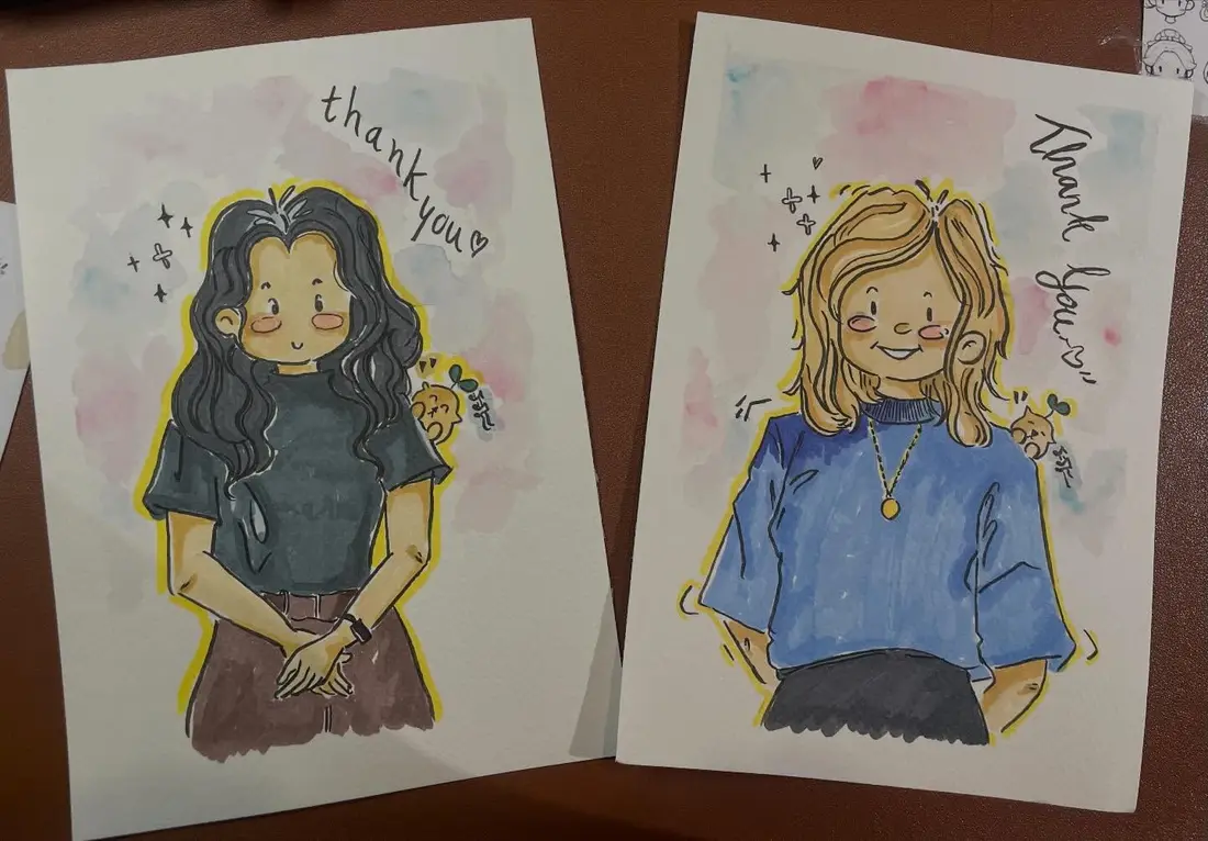 ภาพวาดสีบุคคลสองภาพสำหรับมอบเป็นคำขอบคุณ